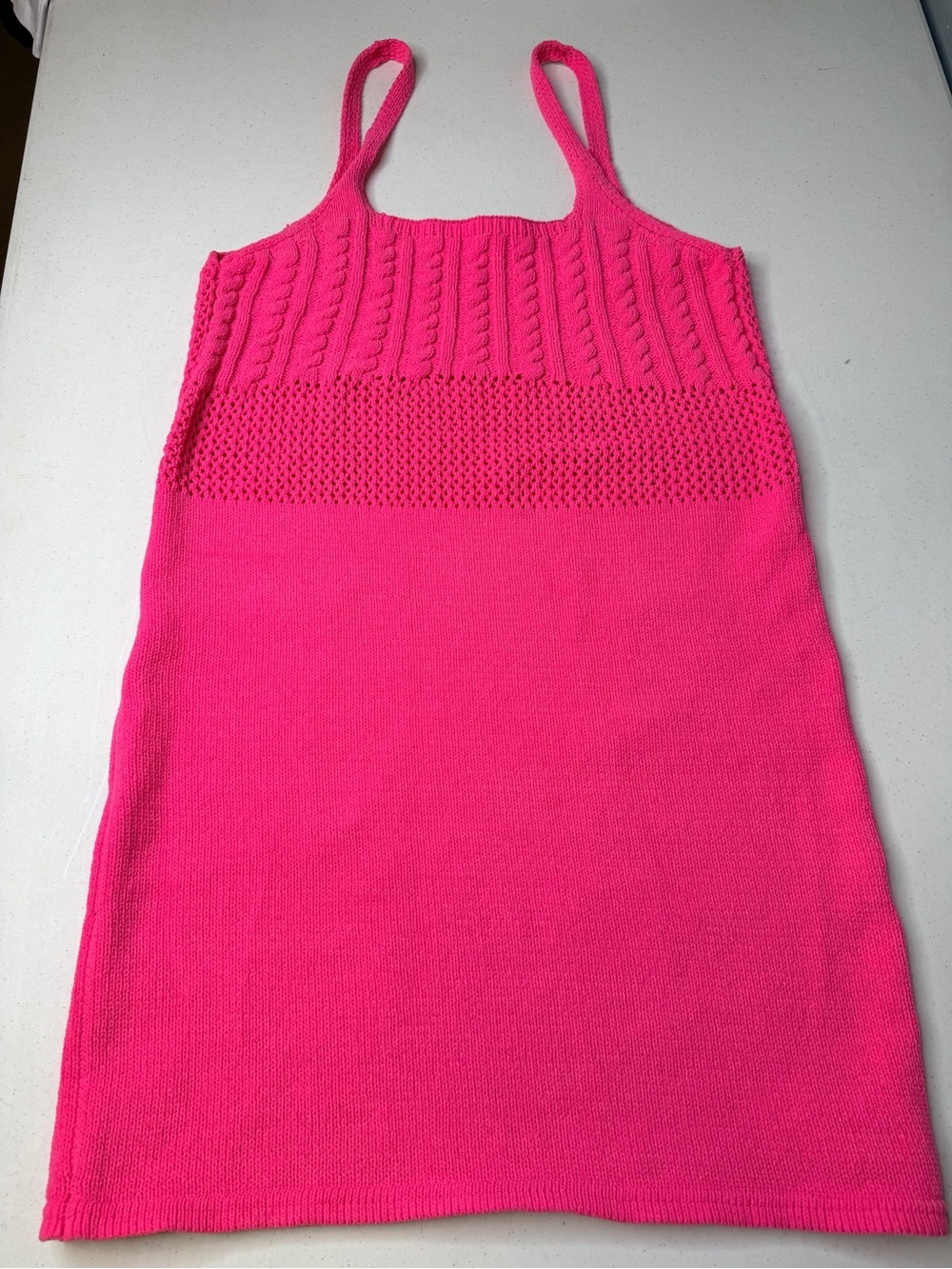 ZARA Hot Pink Crochet Cable Knit Mini Dress Size Large Square Neck Barbiecore - Picture 10 of 11